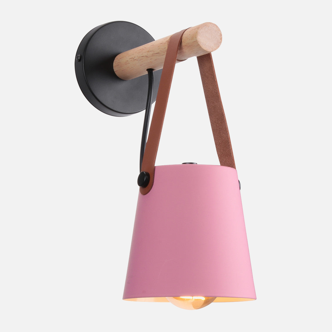 Industrial Wall Lamp With Cone Shade Wood Rod And Leather Strap E27