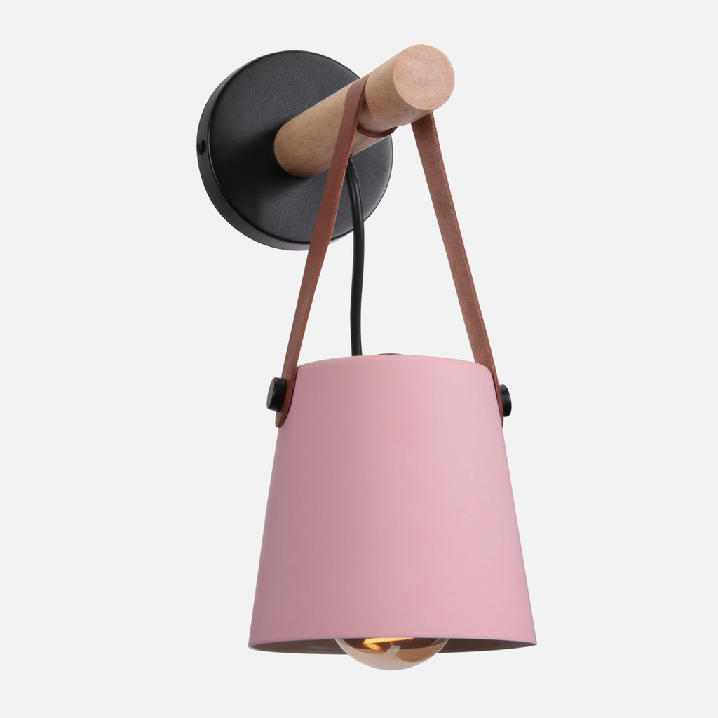 Industrial Wall Lamp With Cone Shade Wood Rod And Leather Strap E27