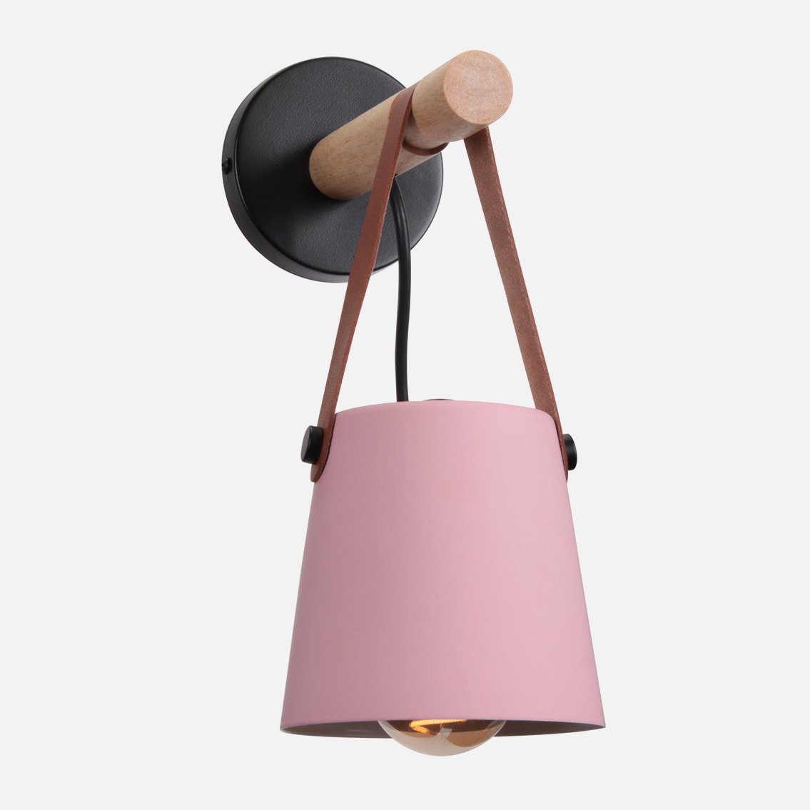 Industrial Wall Lamp With Cone Shade Wood Rod And Leather Strap E27