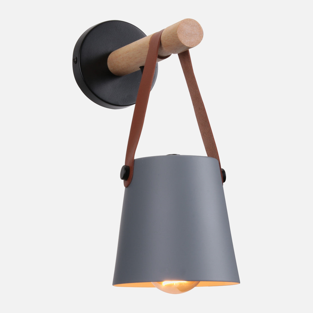 Industrial Wall Lamp With Cone Shade Wood Rod And Leather Strap E27