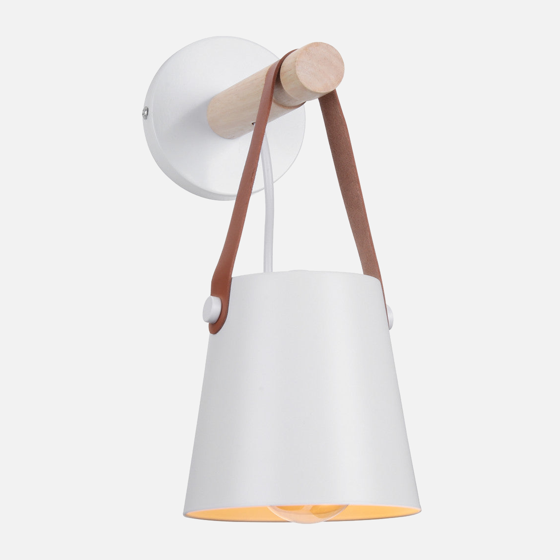 Industrial Wall Lamp With Cone Shade Wood Rod And Leather Strap E27