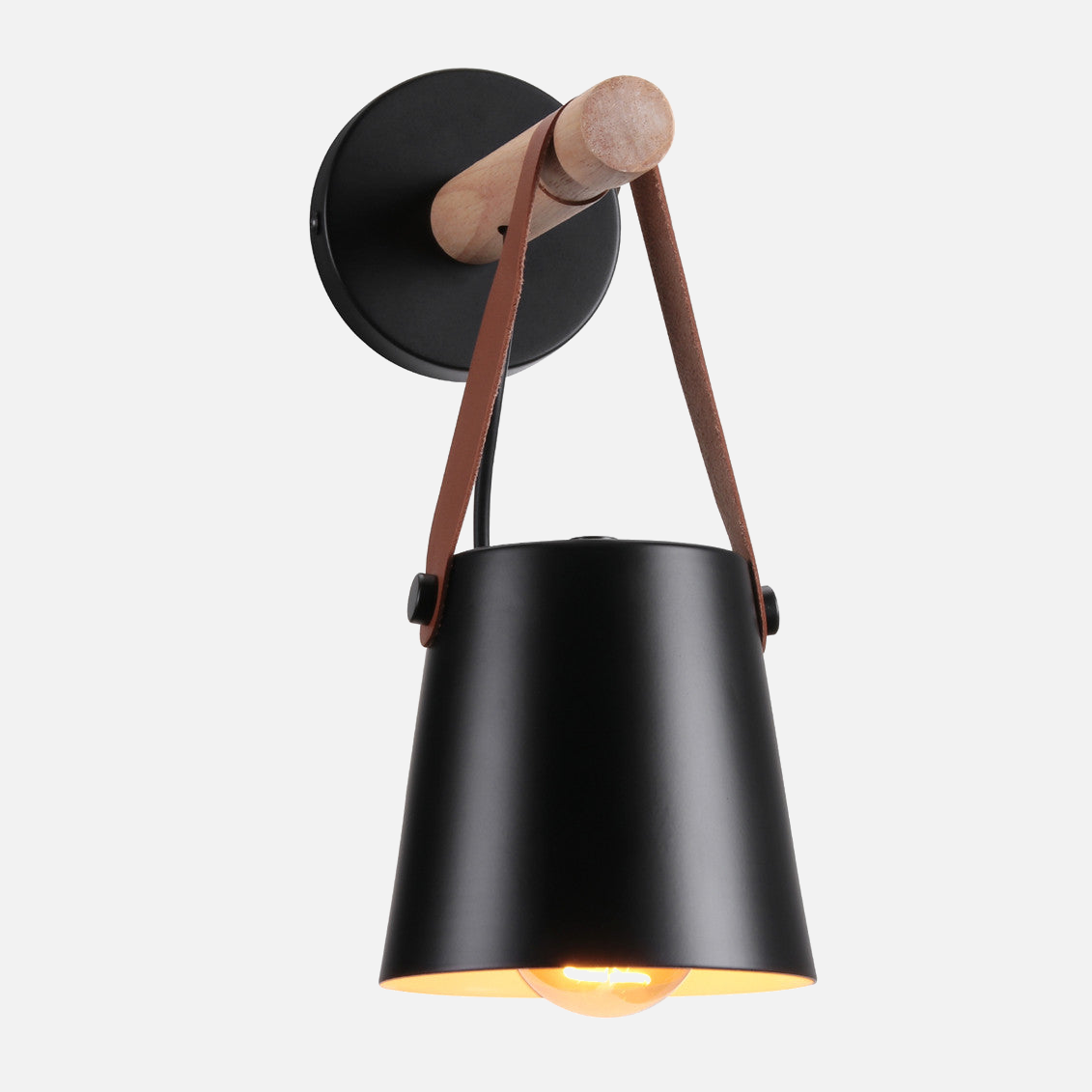 Industrial Wall Lamp With Cone Shade Wood Rod And Leather Strap E27