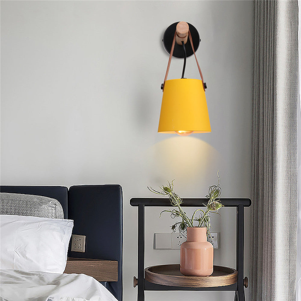 Industrial Wall Lamp With Cone Shade Wood Rod And Leather Strap E27