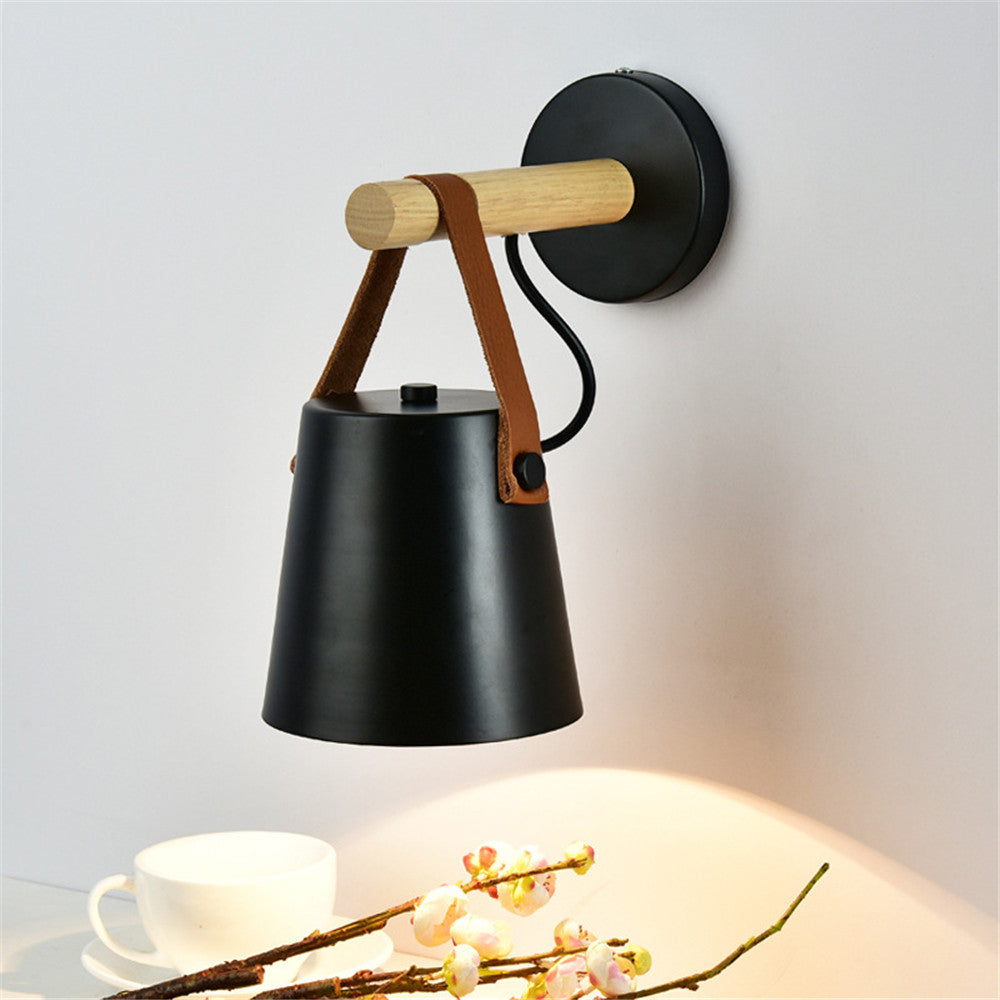 Industrial Wall Lamp With Cone Shade Wood Rod And Leather Strap E27