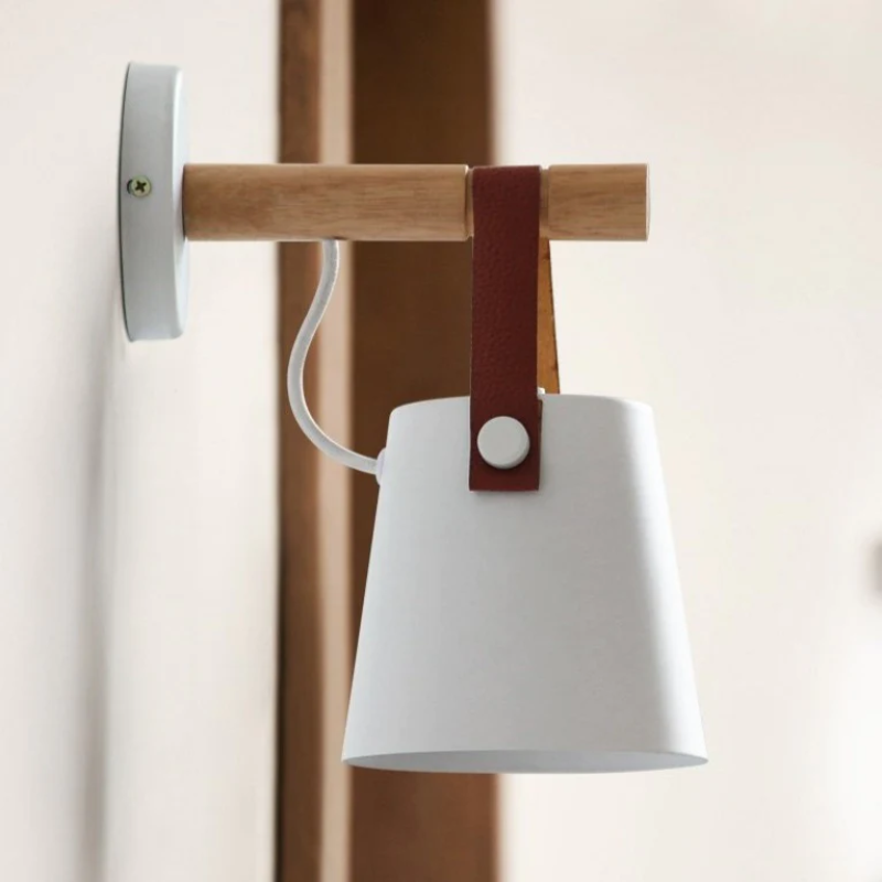 Industrial Wall Lamp With Cone Shade Wood Rod And Leather Strap E27