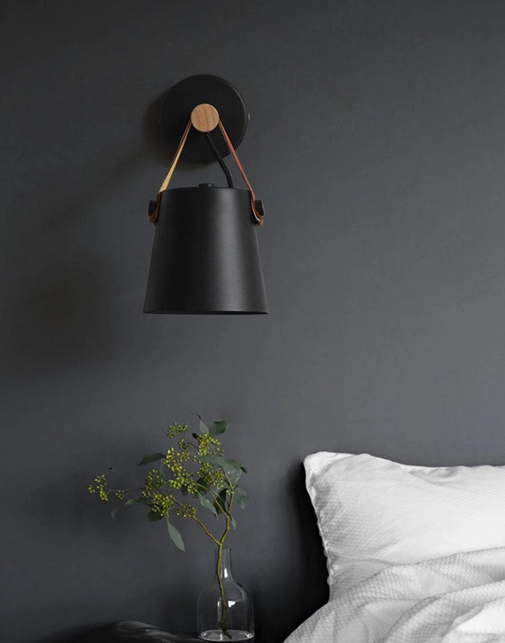 Industrial Wall Lamp With Cone Shade Wood Rod And Leather Strap E27
