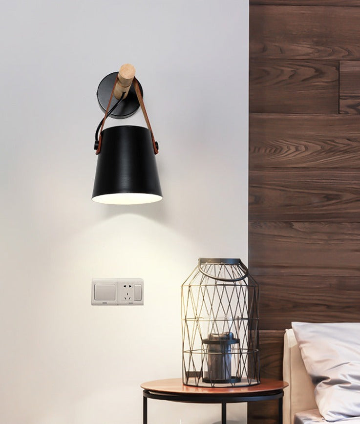 Industrial Wall Lamp With Cone Shade Wood Rod And Leather Strap E27