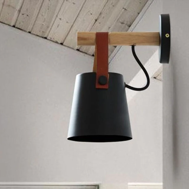 Industrial Wall Lamp With Cone Shade Wood Rod And Leather Strap E27