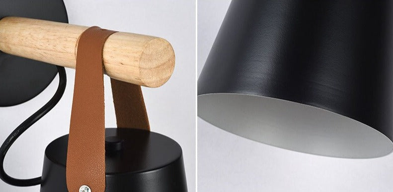 Industrial Wall Lamp With Cone Shade Wood Rod And Leather Strap E27