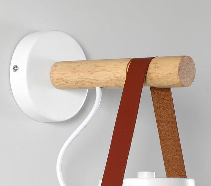 Industrial Wall Lamp With Cone Shade Wood Rod And Leather Strap E27