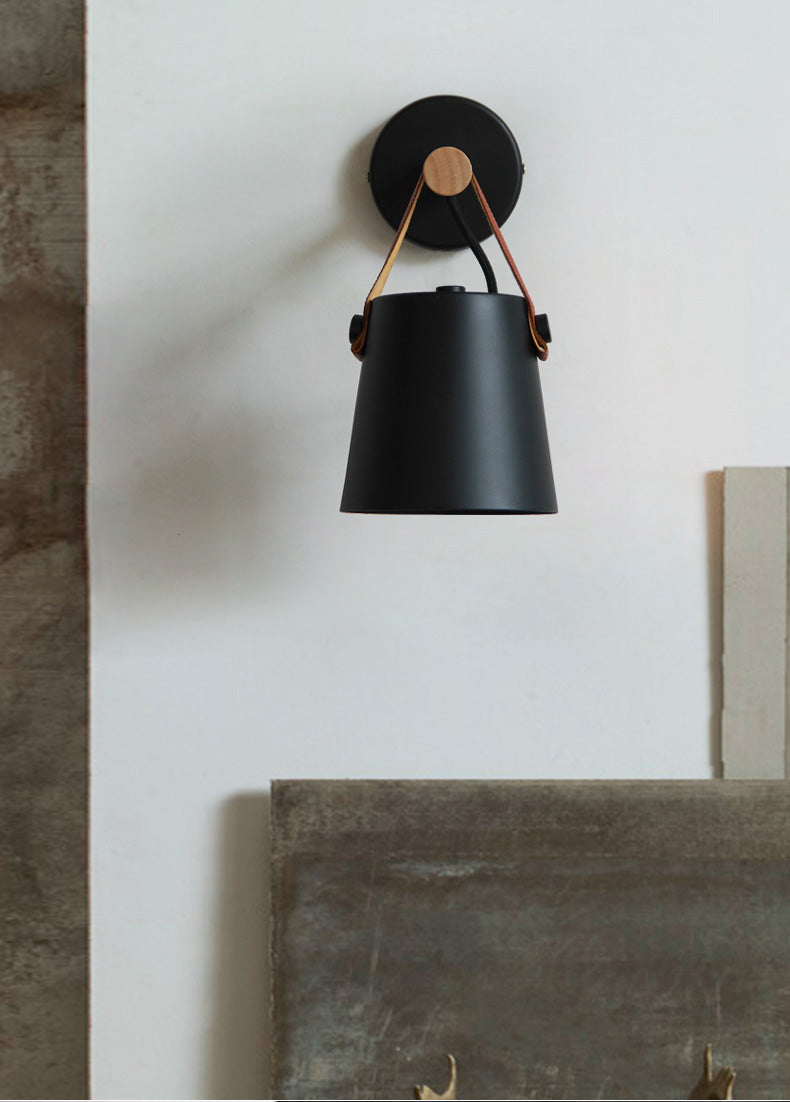 Industrial Wall Lamp With Cone Shade Wood Rod And Leather Strap E27