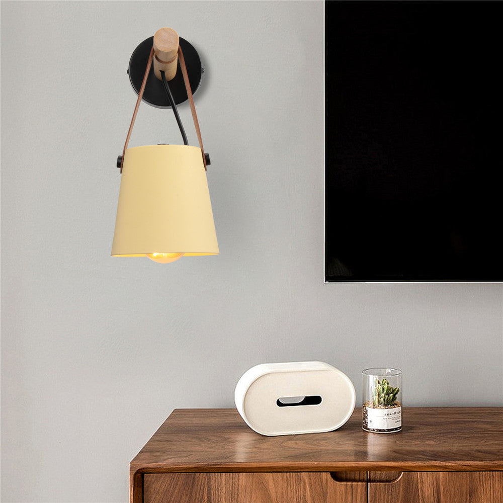 Industrial Wall Lamp With Cone Shade Wood Rod And Leather Strap E27