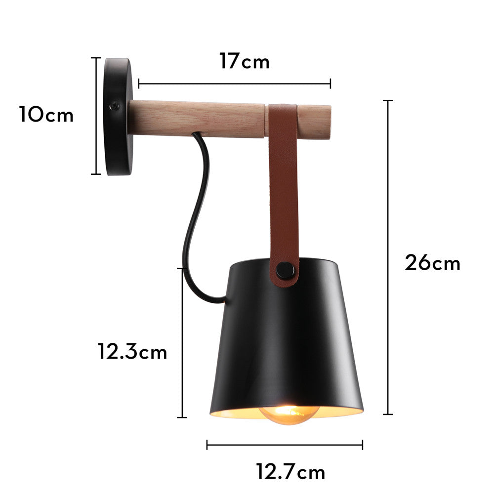 Industrial Wall Lamp With Cone Shade Wood Rod And Leather Strap E27