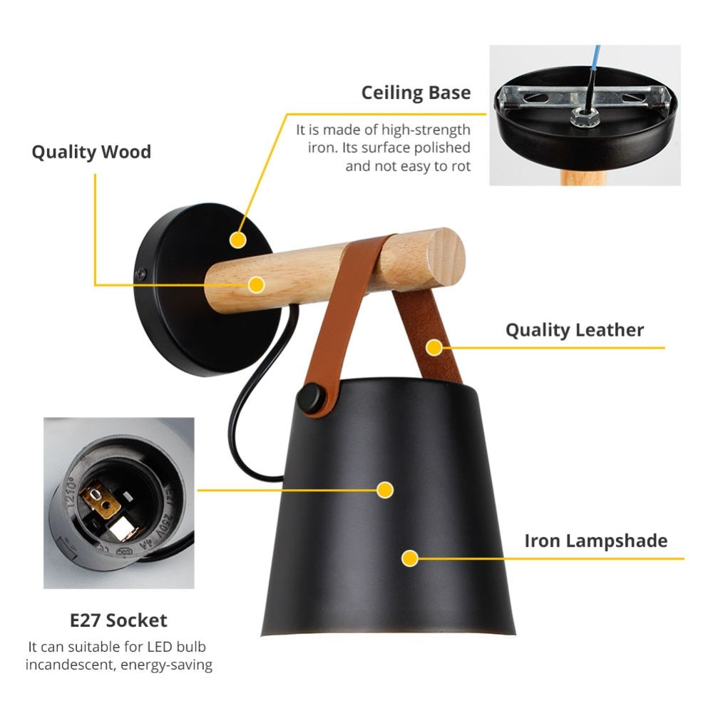 Industrial Wall Lamp With Cone Shade Wood Rod And Leather Strap E27