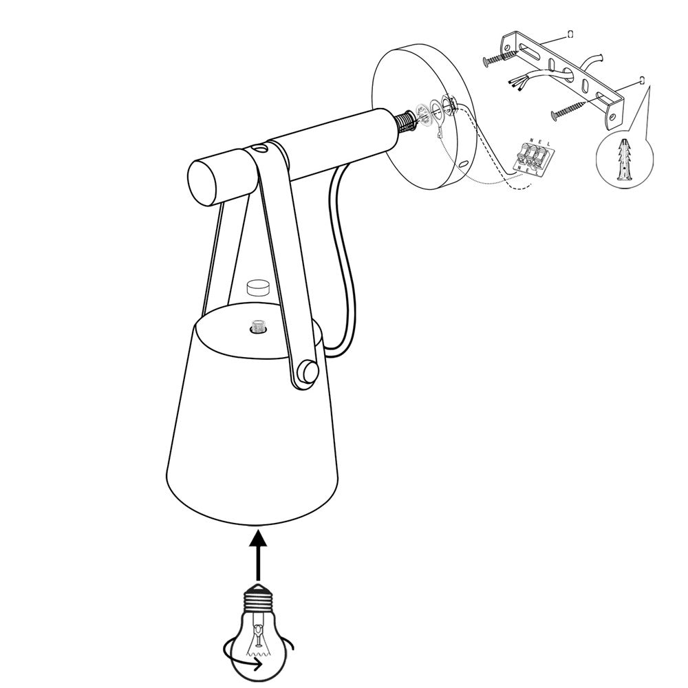Industrial Wall Lamp With Cone Shade Wood Rod And Leather Strap E27