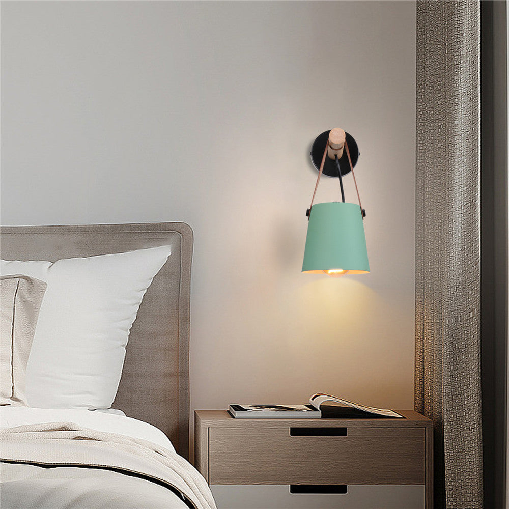 Industrial Wall Lamp With Cone Shade Wood Rod And Leather Strap E27