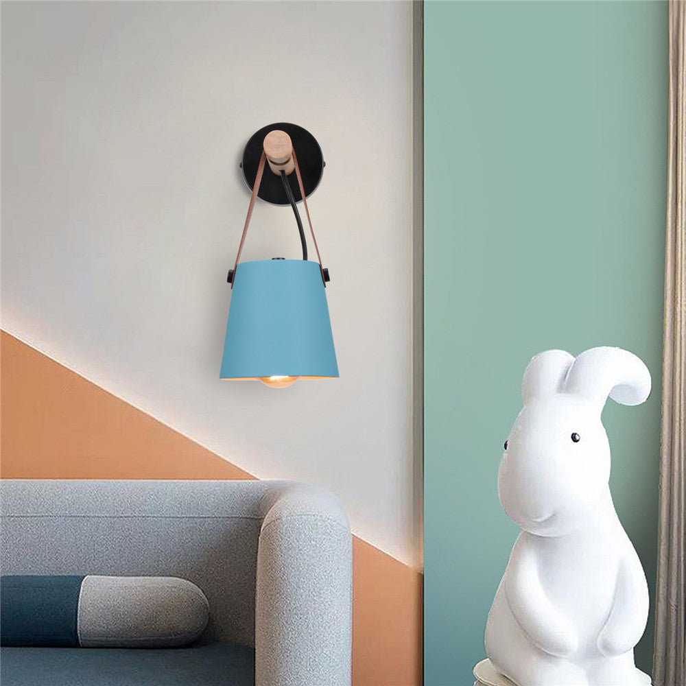 Industrial Wall Lamp With Cone Shade Wood Rod And Leather Strap E27