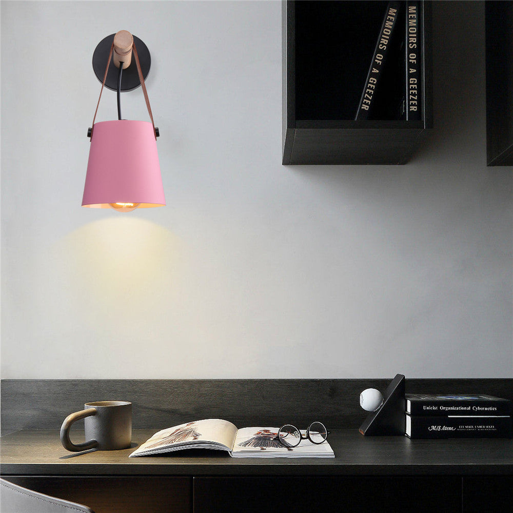Industrial Wall Lamp With Cone Shade Wood Rod And Leather Strap E27