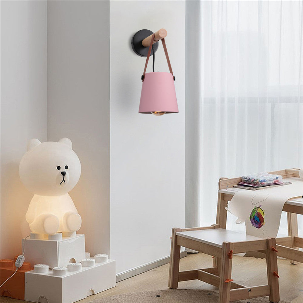 Industrial Wall Lamp With Cone Shade Wood Rod And Leather Strap E27