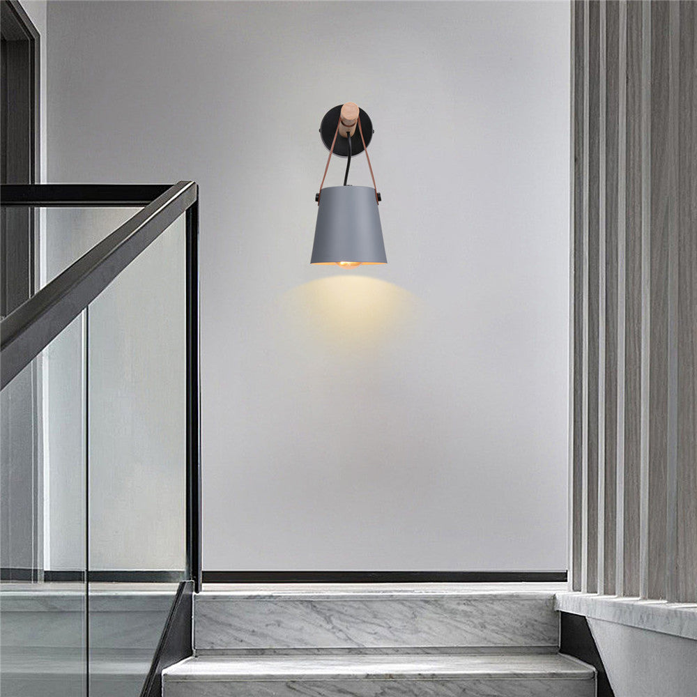 Industrial Wall Lamp With Cone Shade Wood Rod And Leather Strap E27