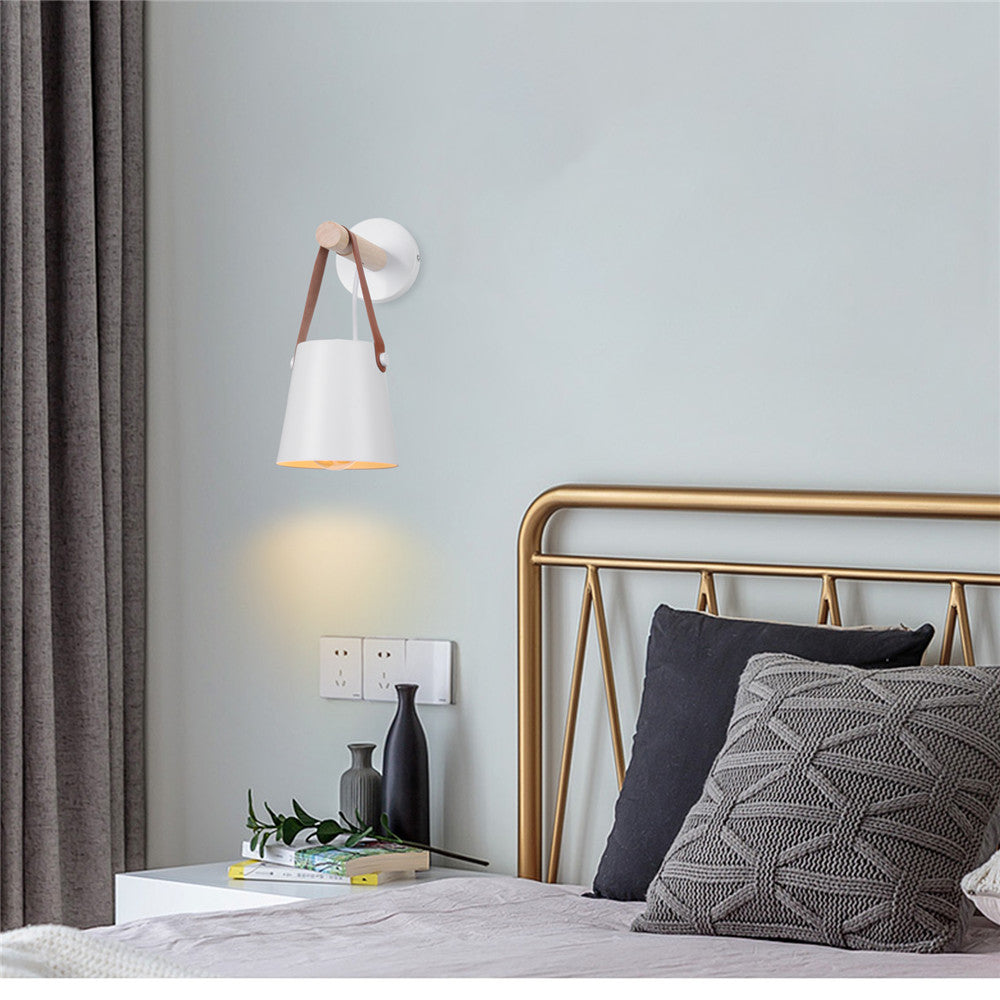 Industrial Wall Lamp With Cone Shade Wood Rod And Leather Strap E27