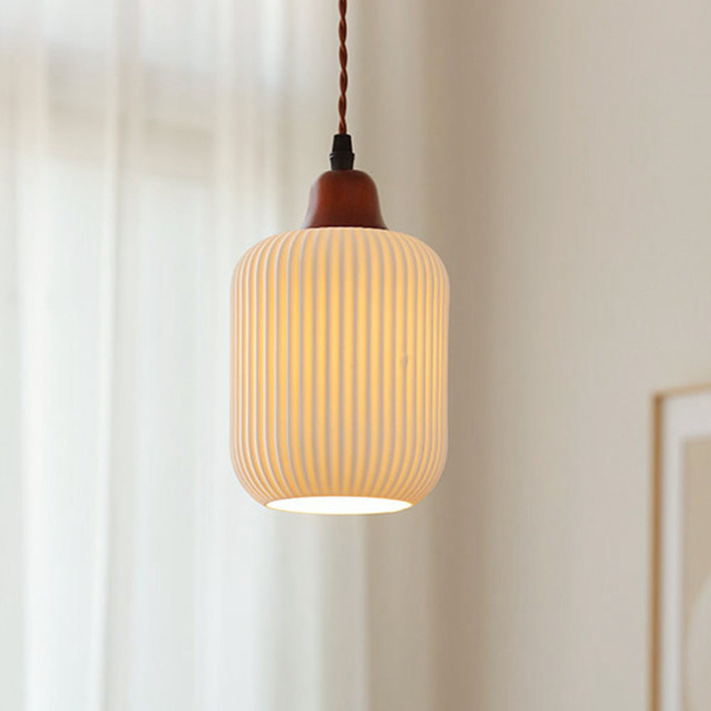 Nora Pendant Light In Japandi Style With A Ribbed Ceramic Construction For Warm Glow
