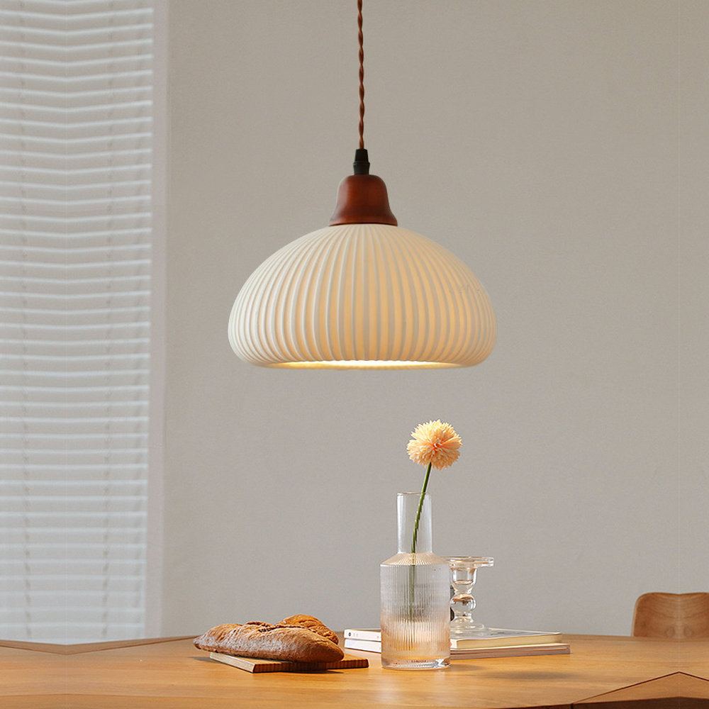 Nora Pendant Light In Japandi Style With A Ribbed Ceramic Construction For Warm Glow