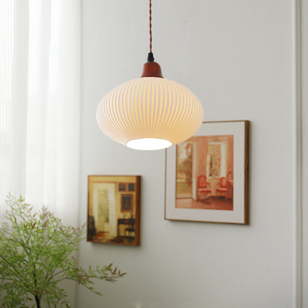 Nora Pendant Light In Japandi Style With A Ribbed Ceramic Construction For Warm Glow