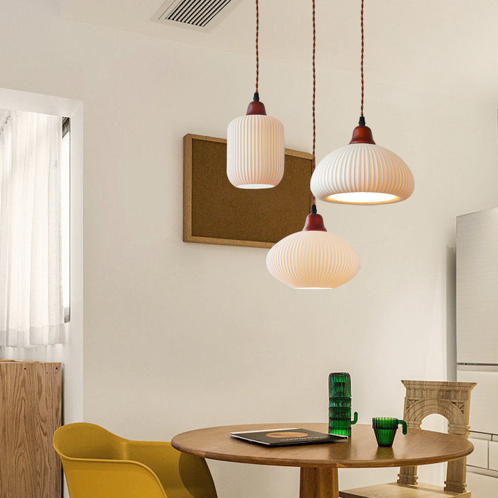 Nora Pendant Light In Japandi Style With A Ribbed Ceramic Construction For Warm Glow