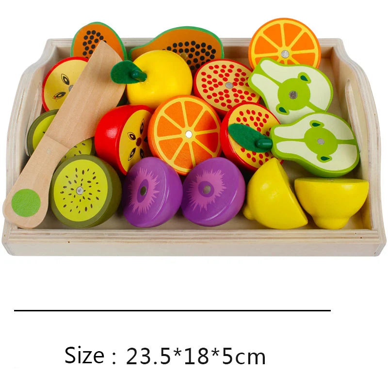 Dřevěná sada na krájení ovoce a zeleniny Montessori — ekologické hračky