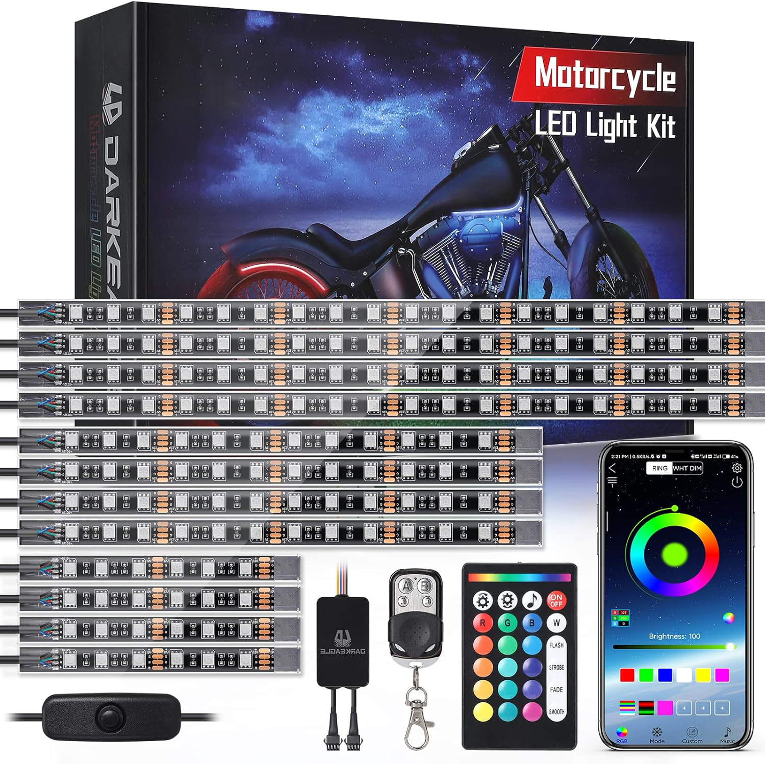 طقم إضاءة RGB للدراجات النارية — 12 شريطًا مقاومًا للماء، مع إشارة فرامل مدمجة