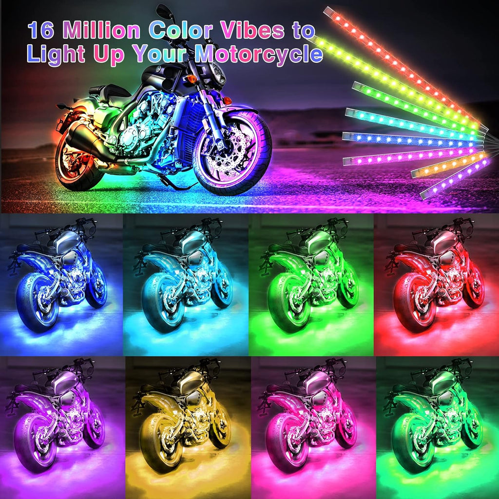 طقم إضاءة RGB للدراجات النارية — 12 شريطًا مقاومًا للماء، مع إشارة فرامل مدمجة