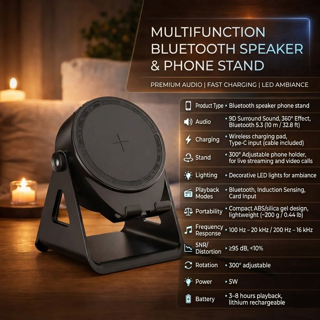 Bluetooth-kaiutinteline — langaton latausalusta ja sisäänrakennetut LED-valot