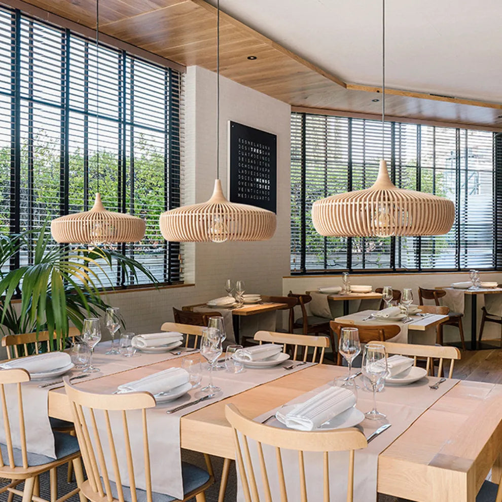 Warm Glow Wood Pendant Light With Minimalist Dome For Modern Interiors And Calm Ambience