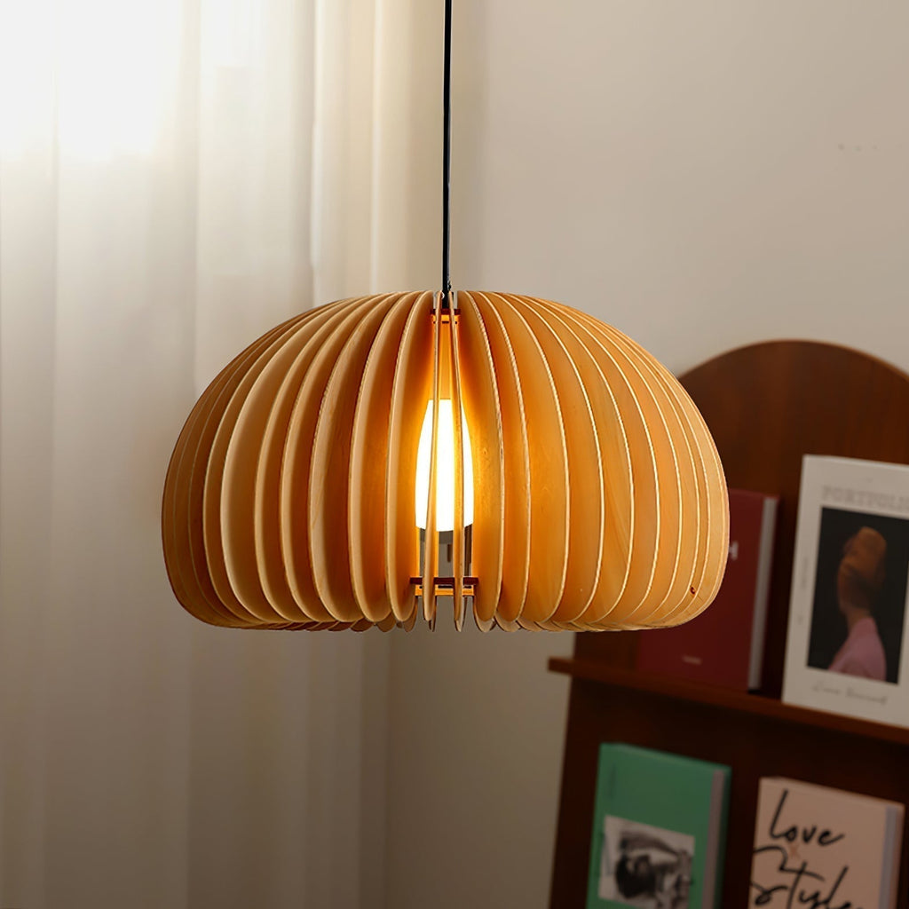 Wooden Pendant Lamp With Sculpted Rounded Shade For Warm Indoor Lighting In Minimalist Spaces