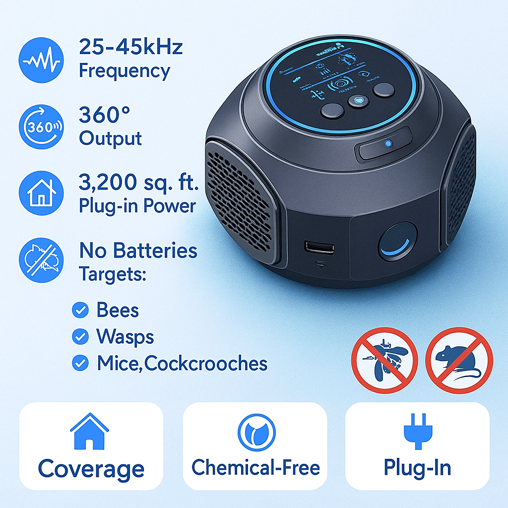 Plug-In Ultrasonic Insect Guard Home Use, 4 Speakers Mosquitoes Wasps Flies, 297m²