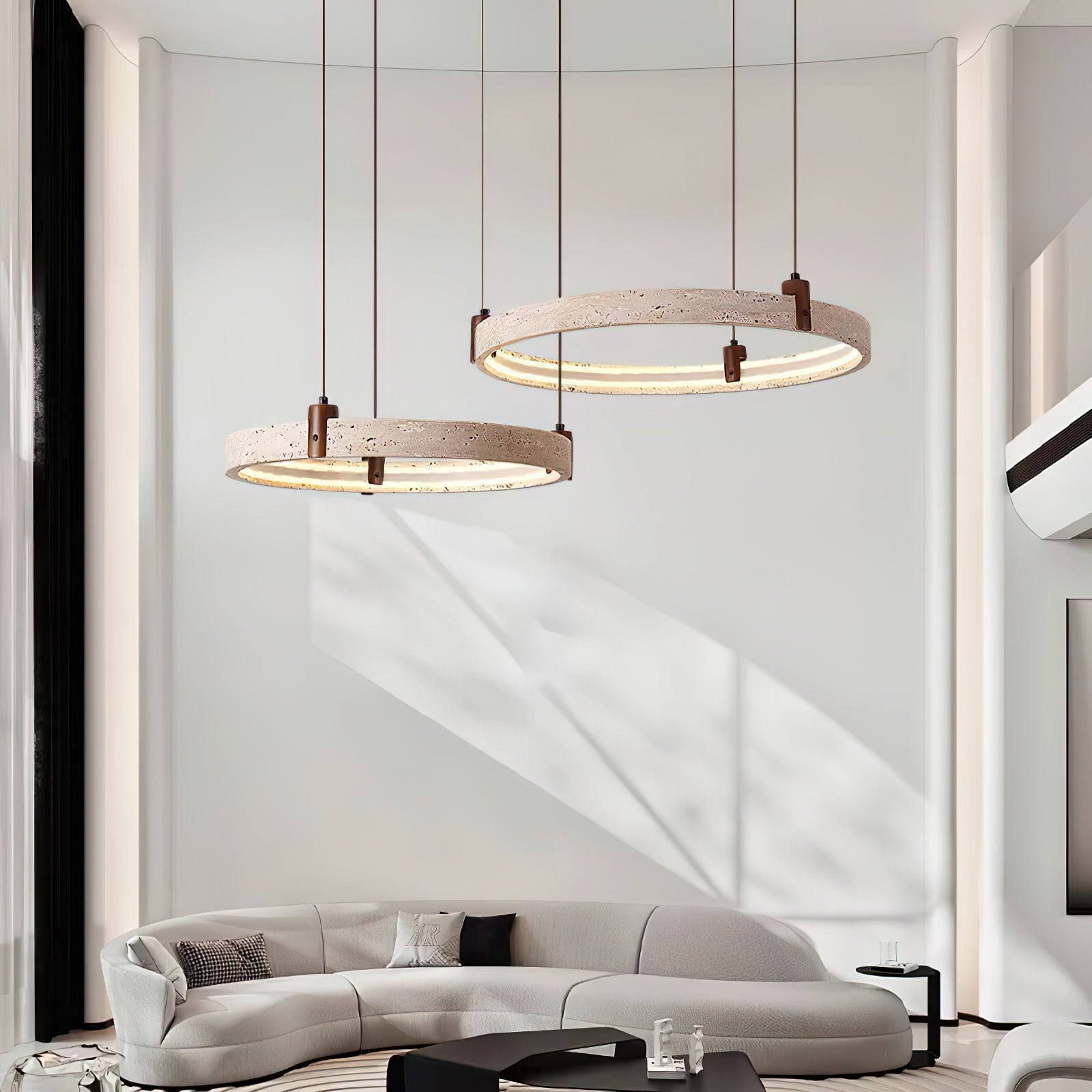 Travertine Ring Chandelier With Walnut Wood And Integrated LED