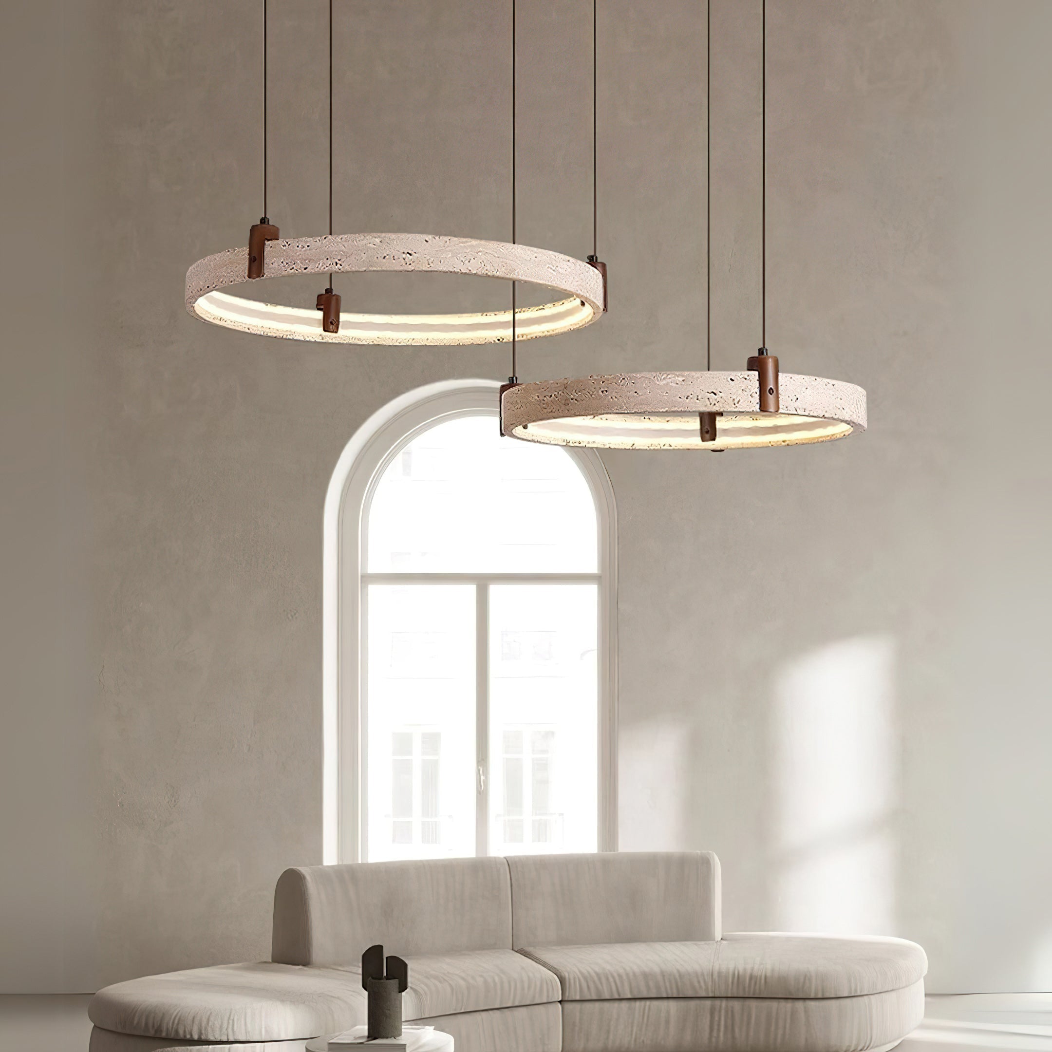Travertine Ring Chandelier With Walnut Wood And Integrated LED