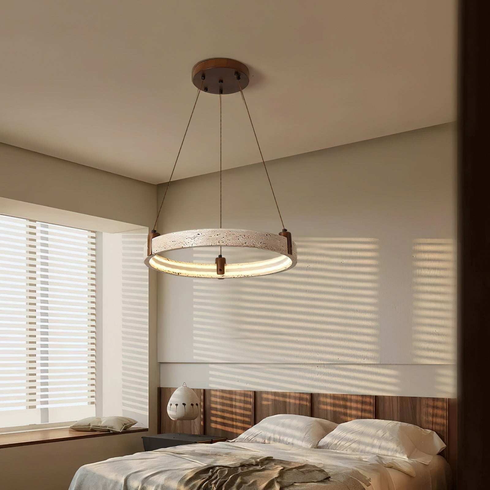Travertine Ring Chandelier With Walnut Wood And Integrated LED