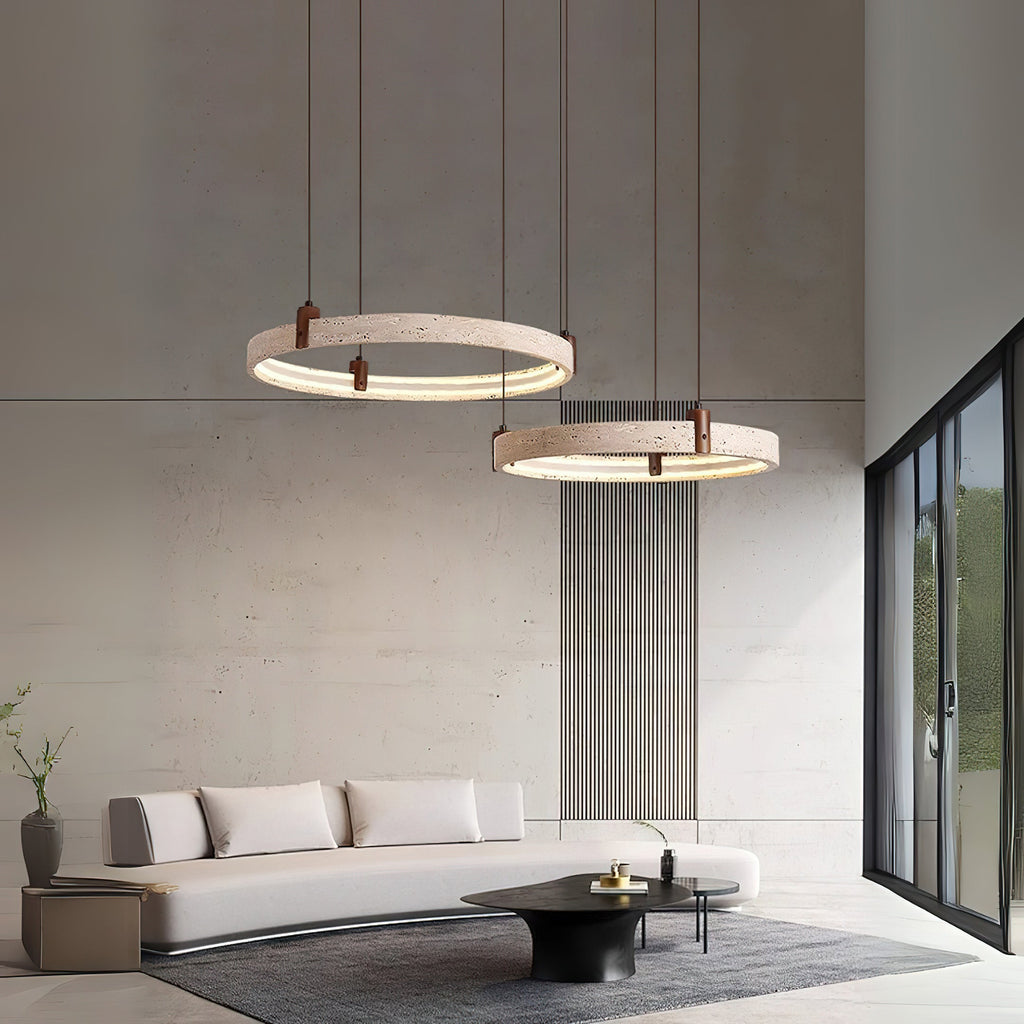 Travertine Ring Chandelier With Walnut Wood And Integrated LED