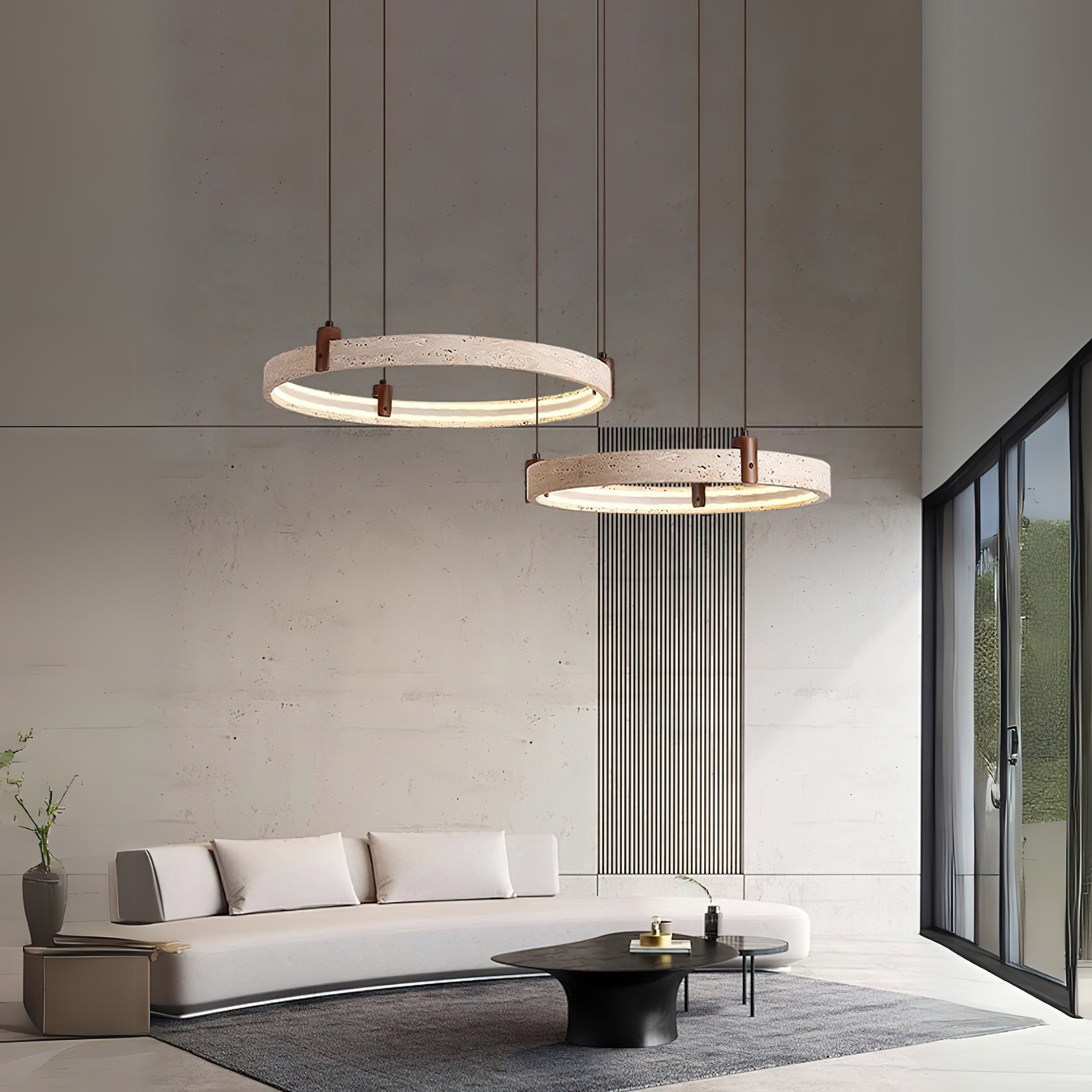 Travertine Ring Chandelier With Walnut Wood And Integrated LED