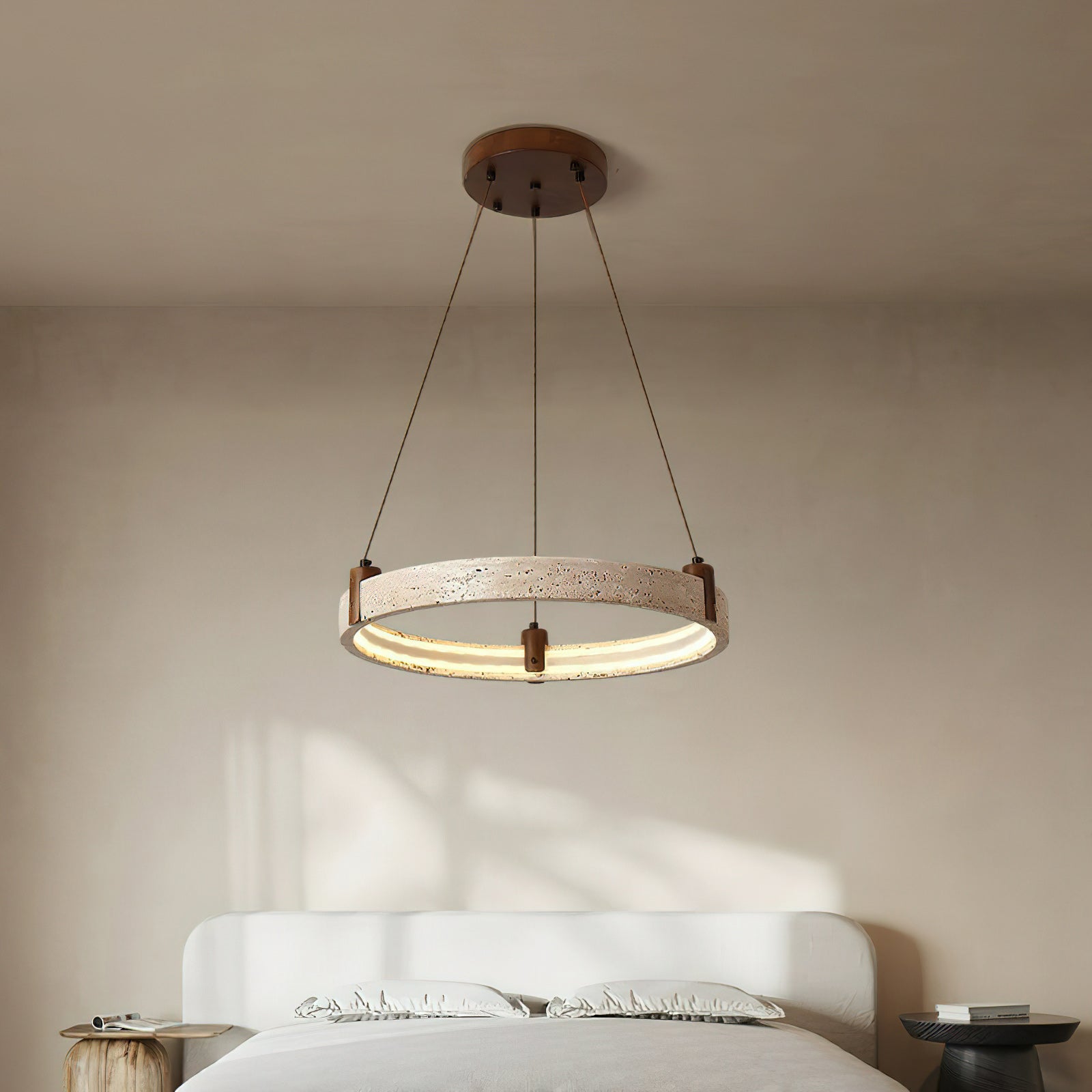 Travertine Ring Chandelier With Walnut Wood And Integrated LED