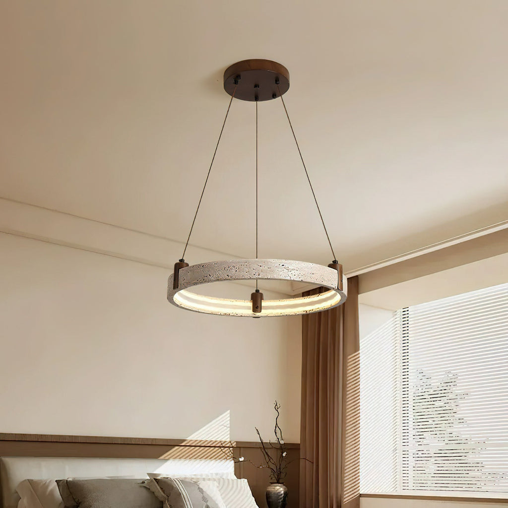 Travertine Ring Chandelier With Walnut Wood And Integrated LED