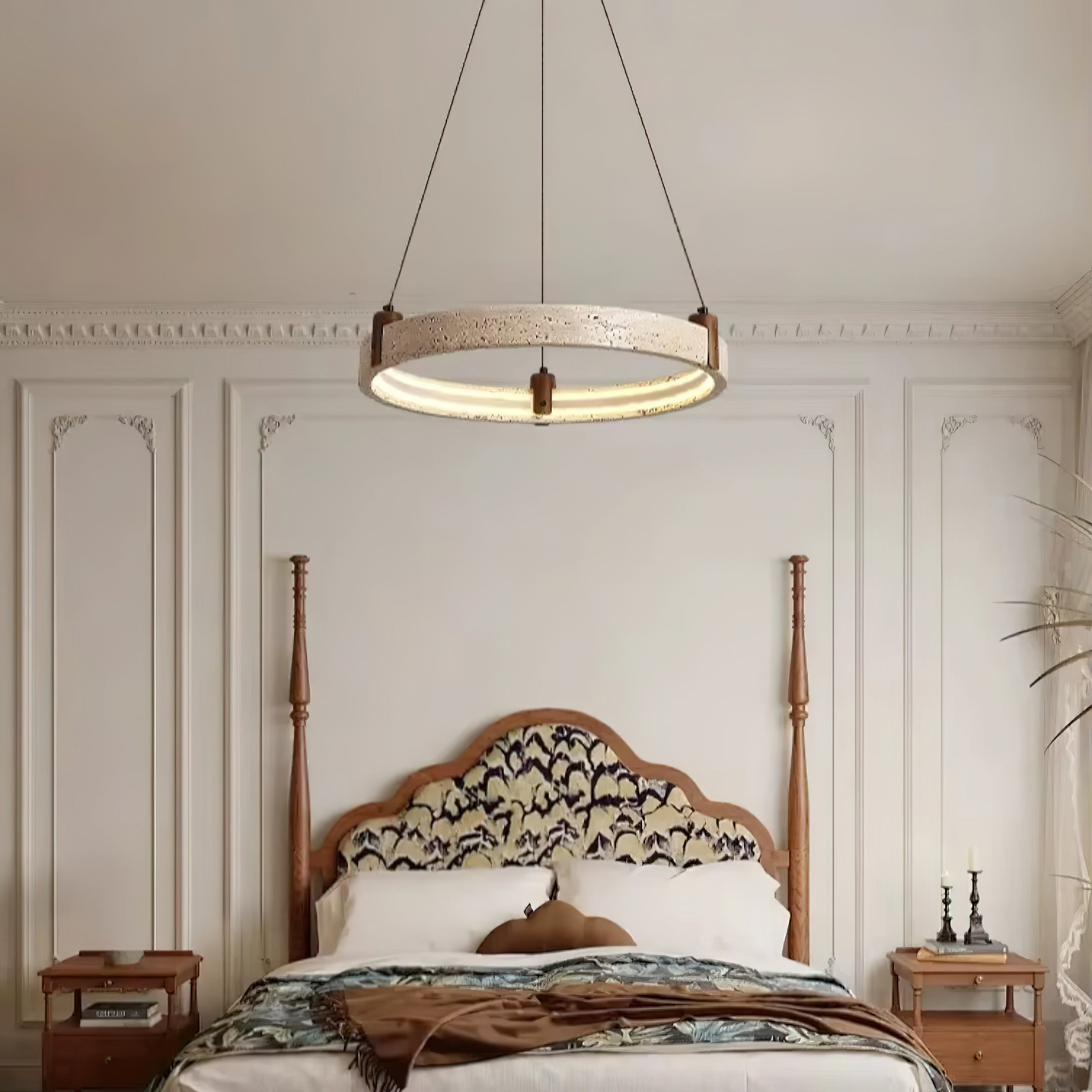 Travertine Ring Chandelier With Walnut Wood And Integrated LED