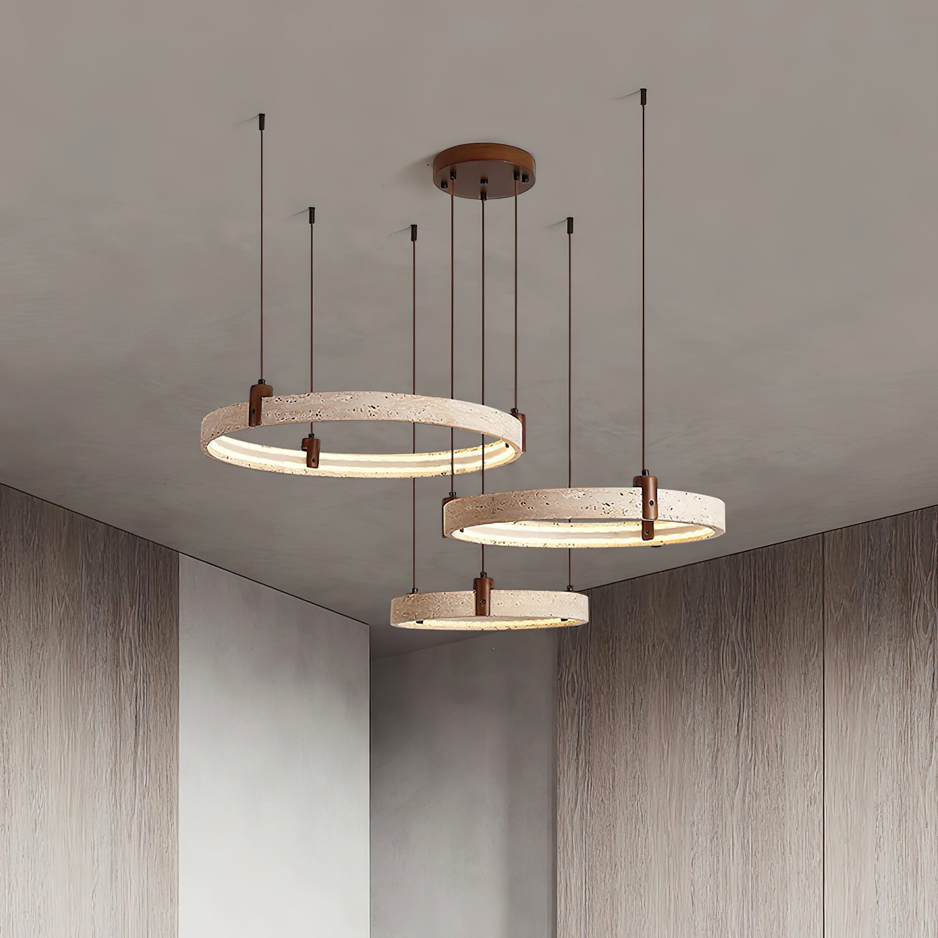 Travertine Ring Chandelier With Walnut Wood And Integrated LED