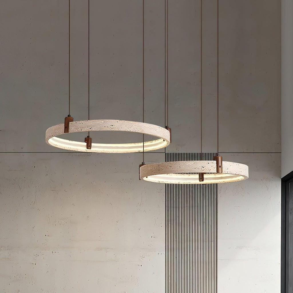 Travertine Ring Chandelier With Walnut Wood And Integrated LED