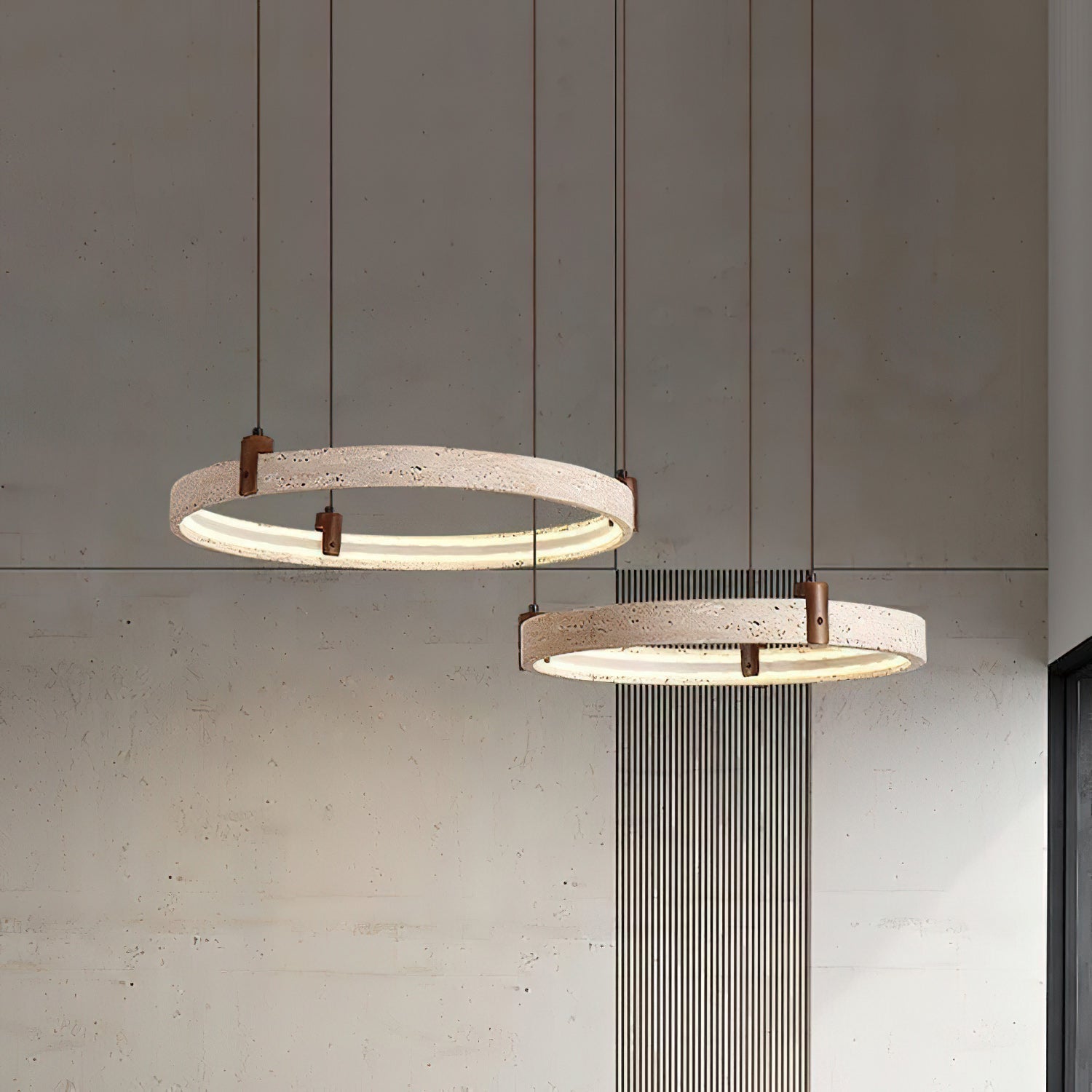 Travertine Ring Chandelier With Walnut Wood And Integrated LED