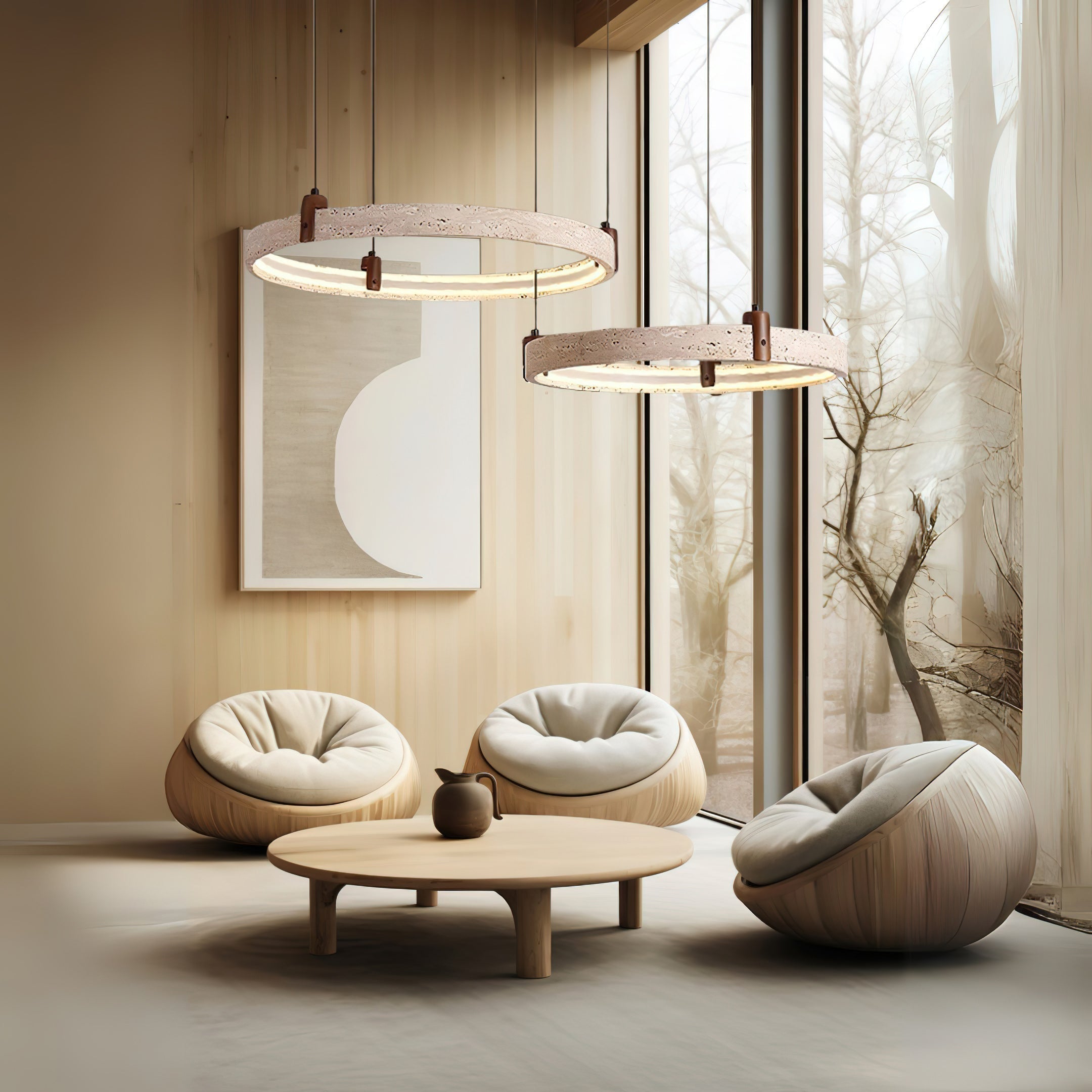 Travertine Ring Chandelier With Walnut Wood And Integrated LED