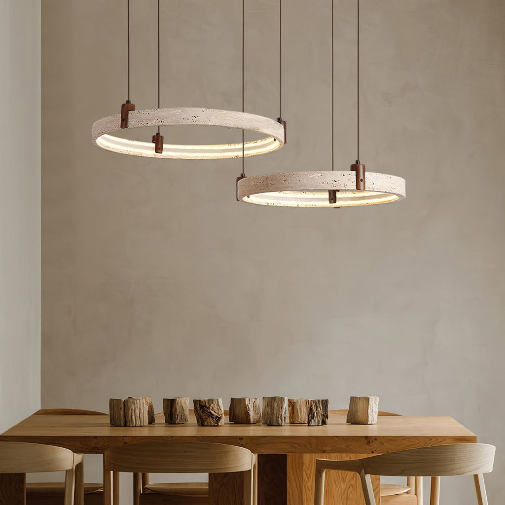 Travertine Ring Chandelier With Walnut Wood And Integrated LED