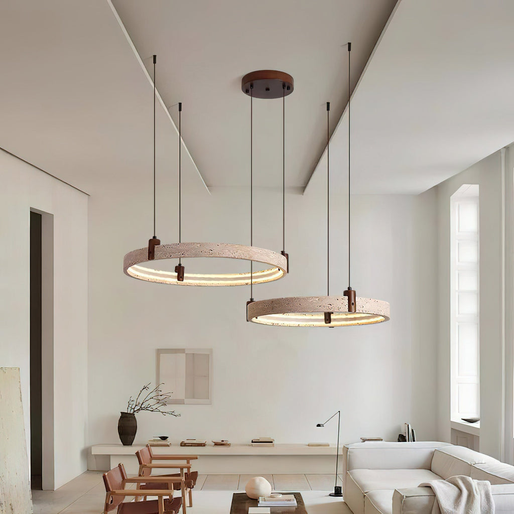 Travertine Ring Chandelier With Walnut Wood And Integrated LED